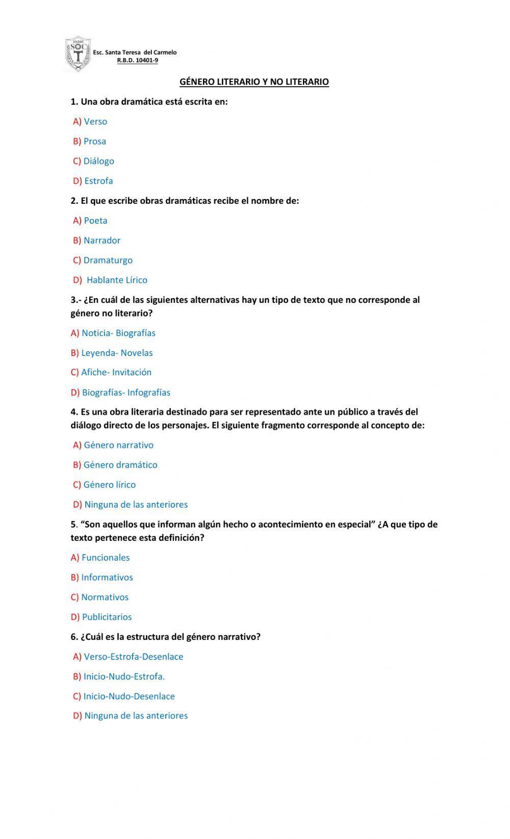 Cuestionario género literario no literario