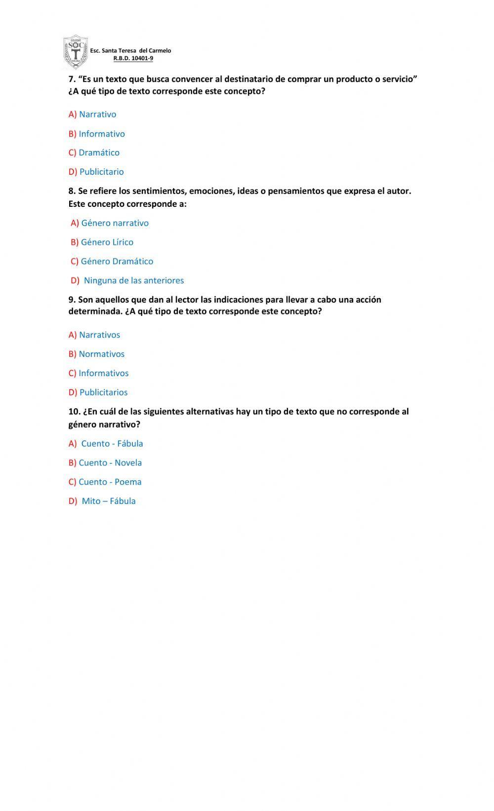 Cuestionario género literario no literario