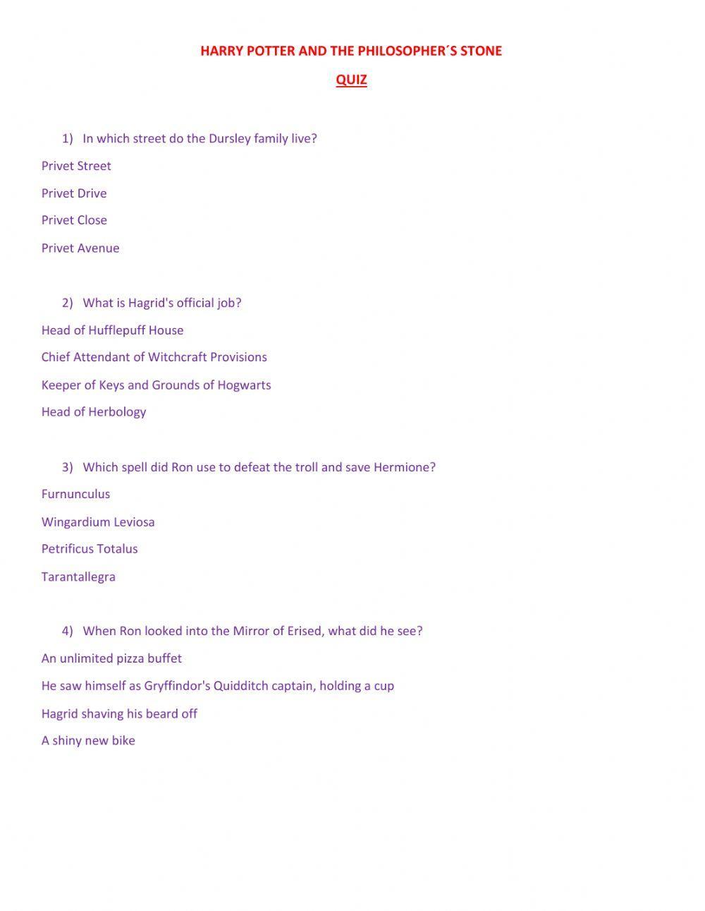 Harry Potter and the Philosopher-s Stone: quiz