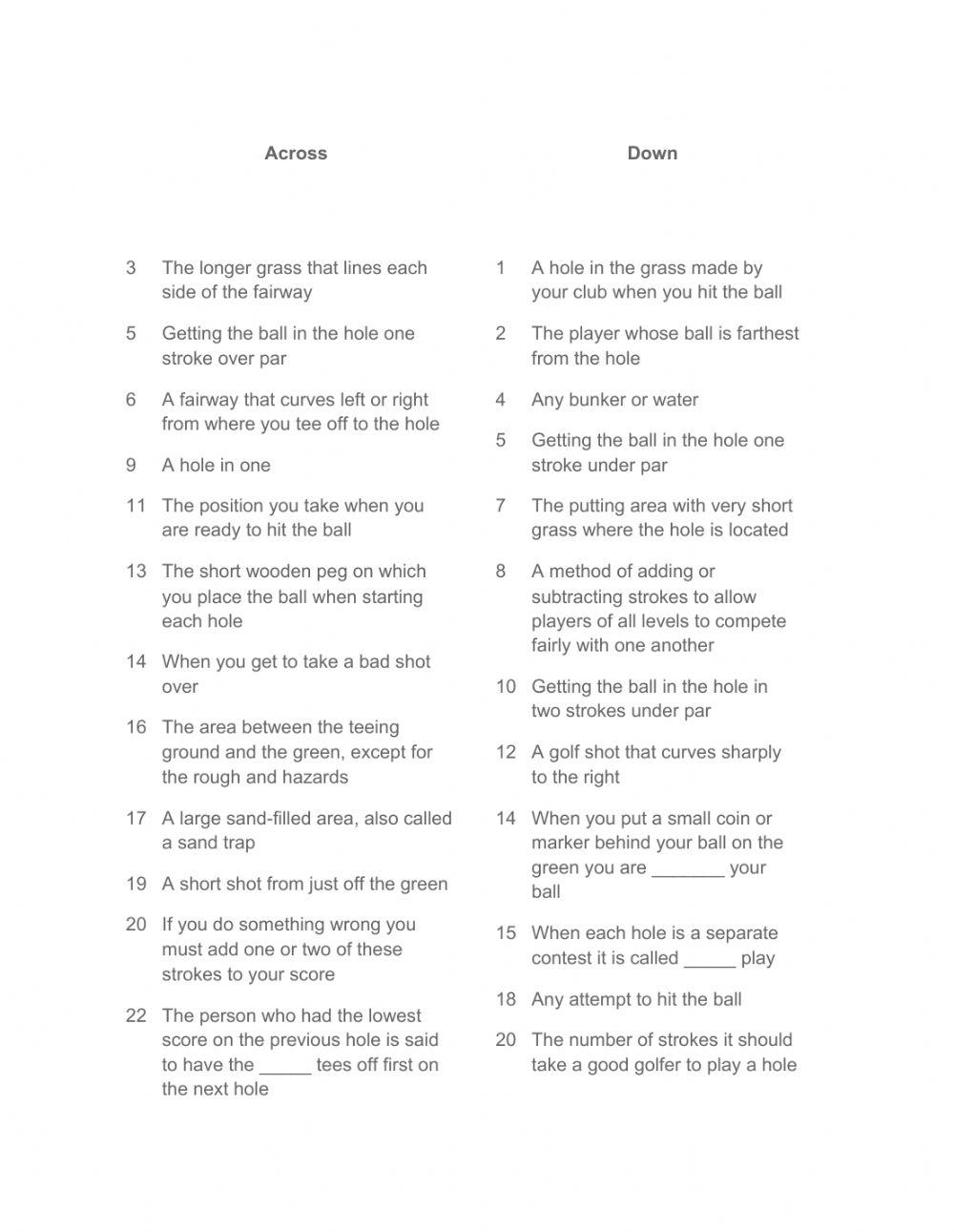 Golf Crossword 393120 spicavet Live Worksheets