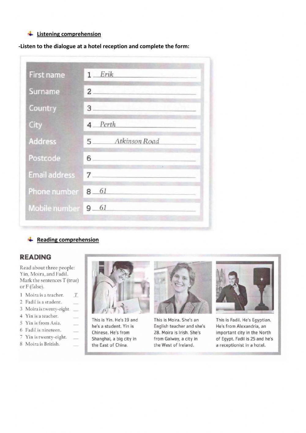 Listening and reading comprehension - Personal Information