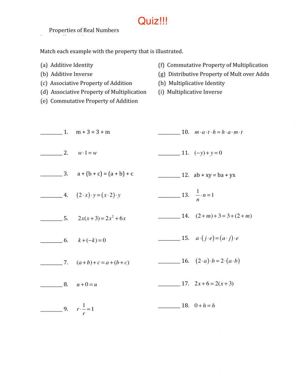 Quiz - Properties of Real Numbers