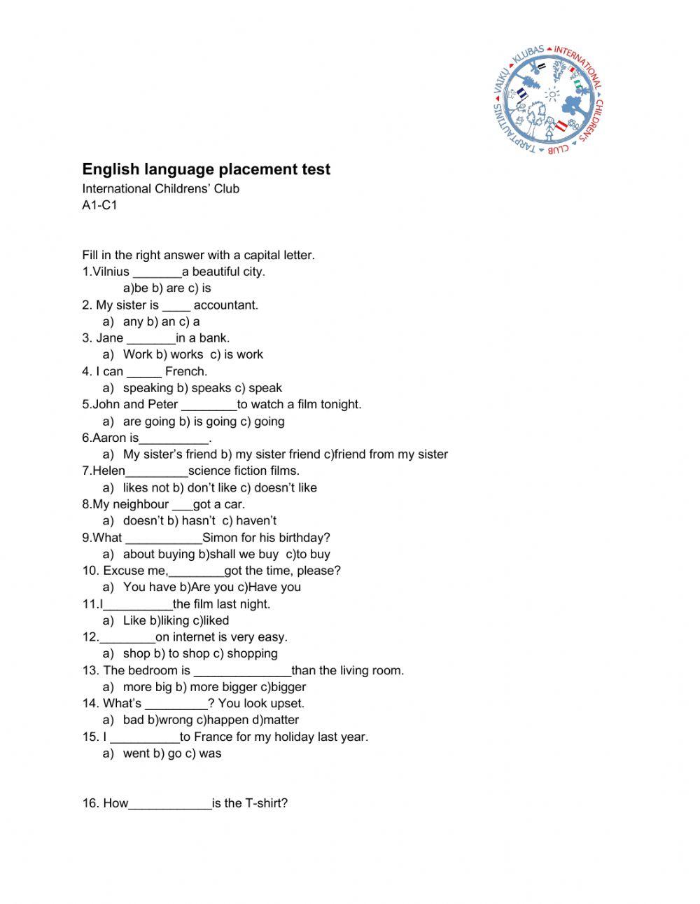 Placement test for ICC