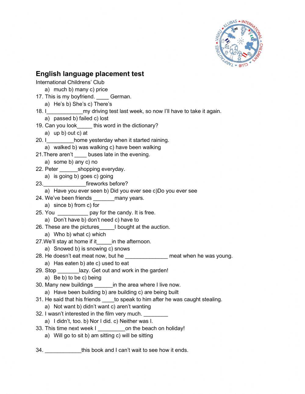 Placement test for ICC