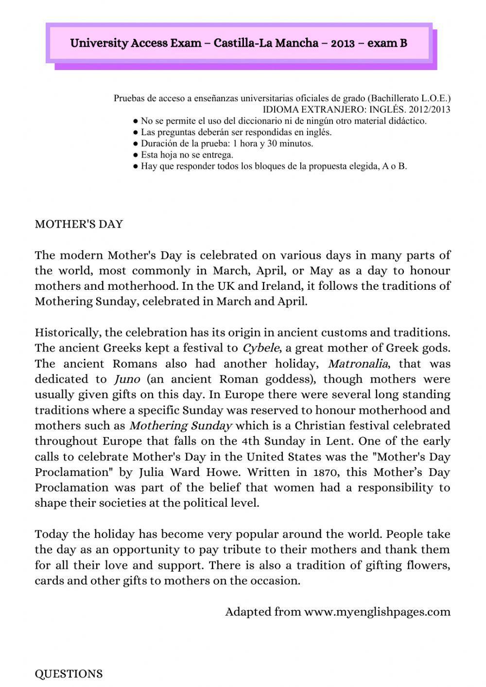 University Access Exam – Mother's Day