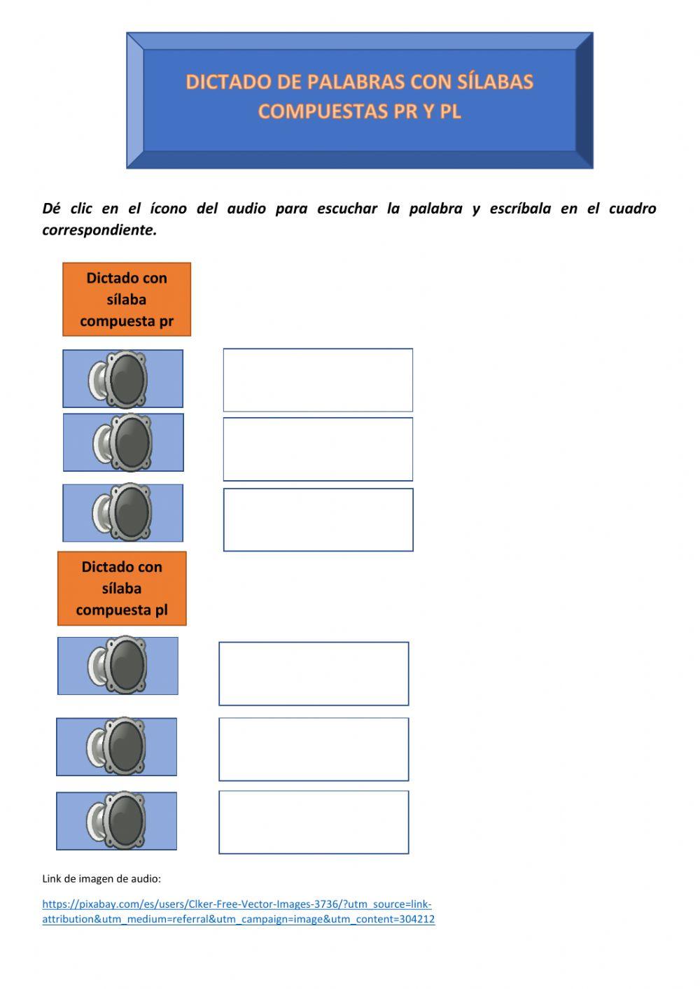 Actividad con sílabas compuestas pr y pl