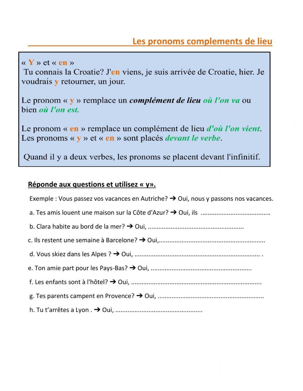 Les pronoms  compléments de lieu