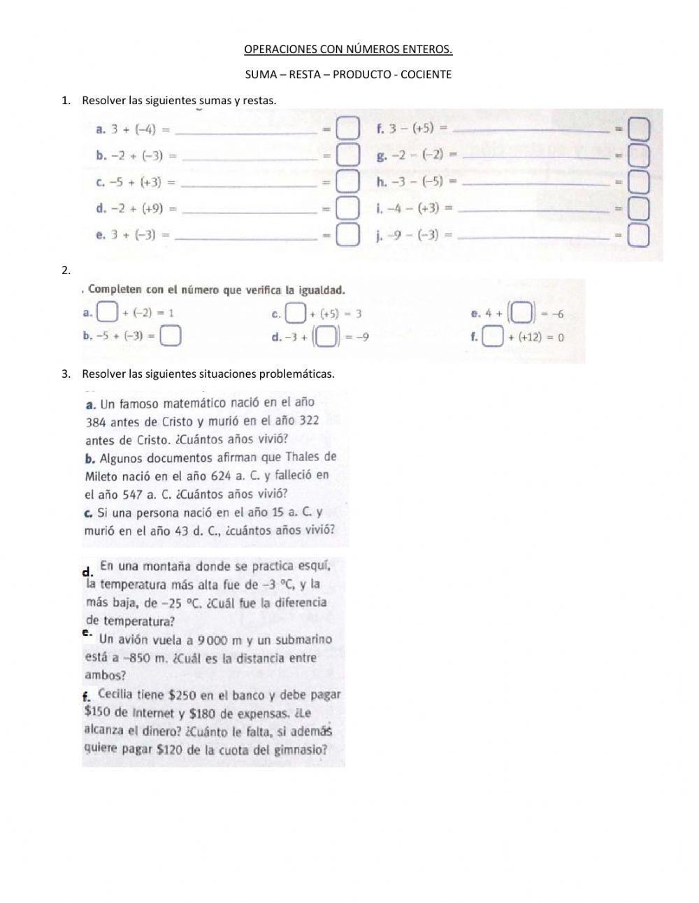 Operaciones con números enteros