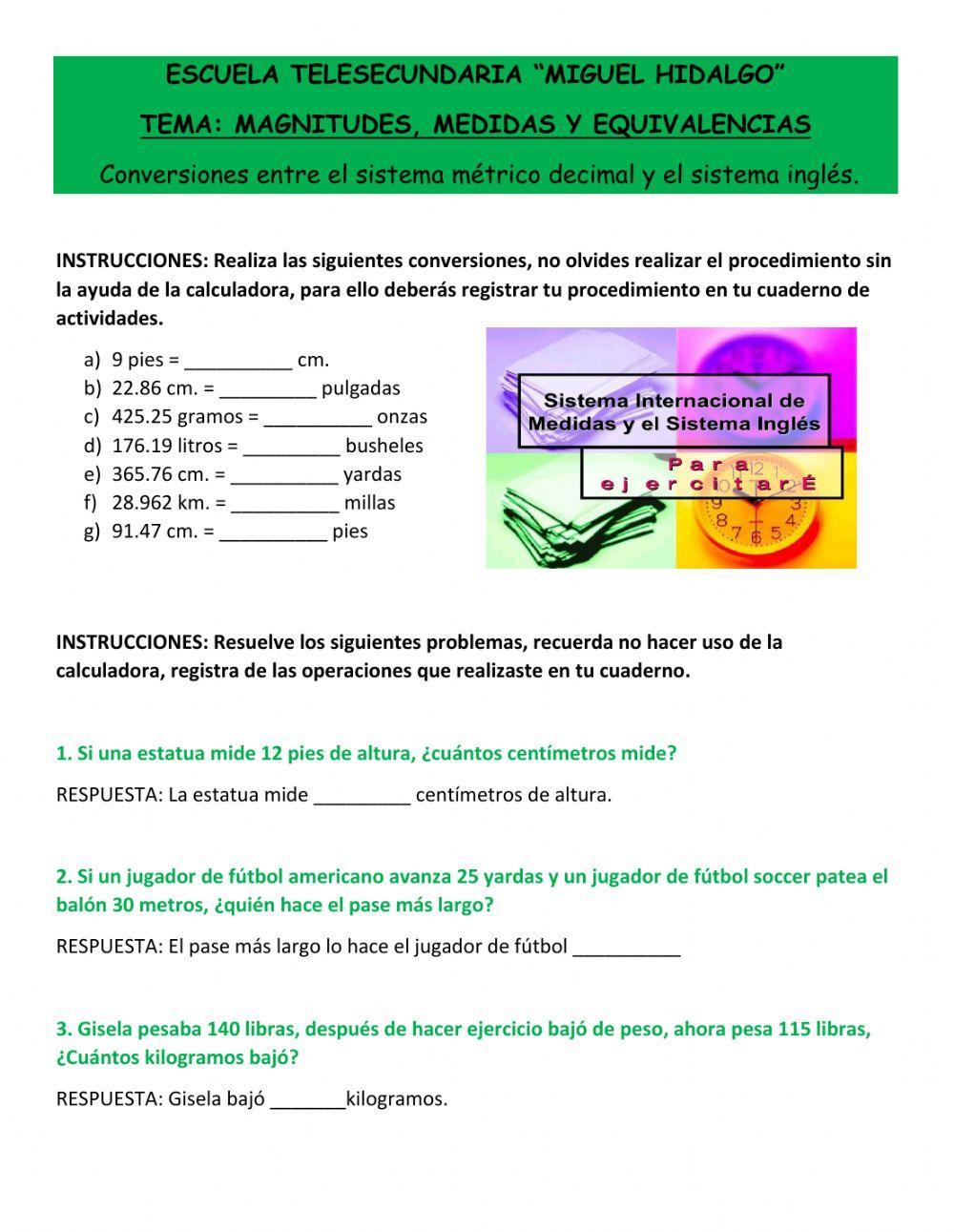 Conversiones entre el sistema métrico decimal y el sistema inglés