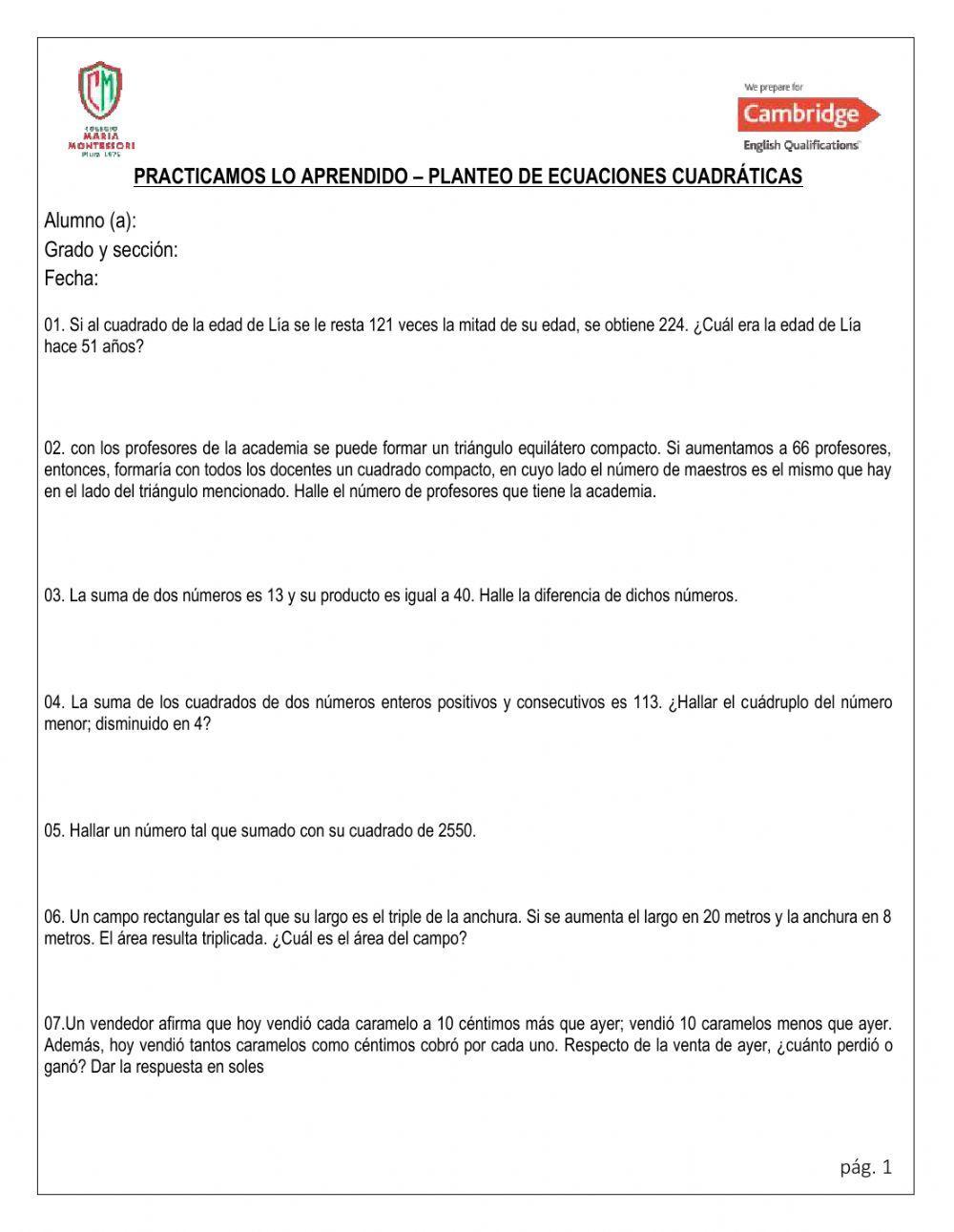 Problemas con ecuaciones cuadráticas