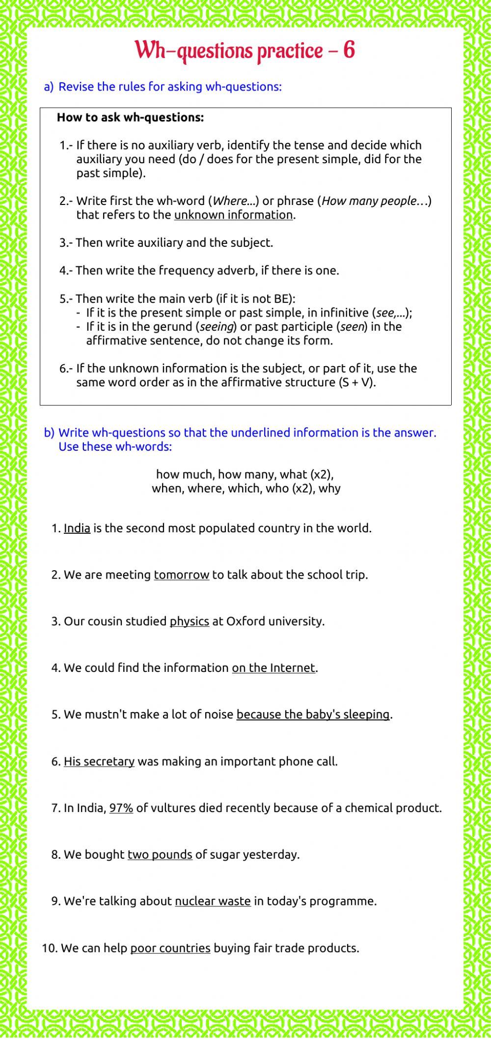 Wh- questions practice 6
