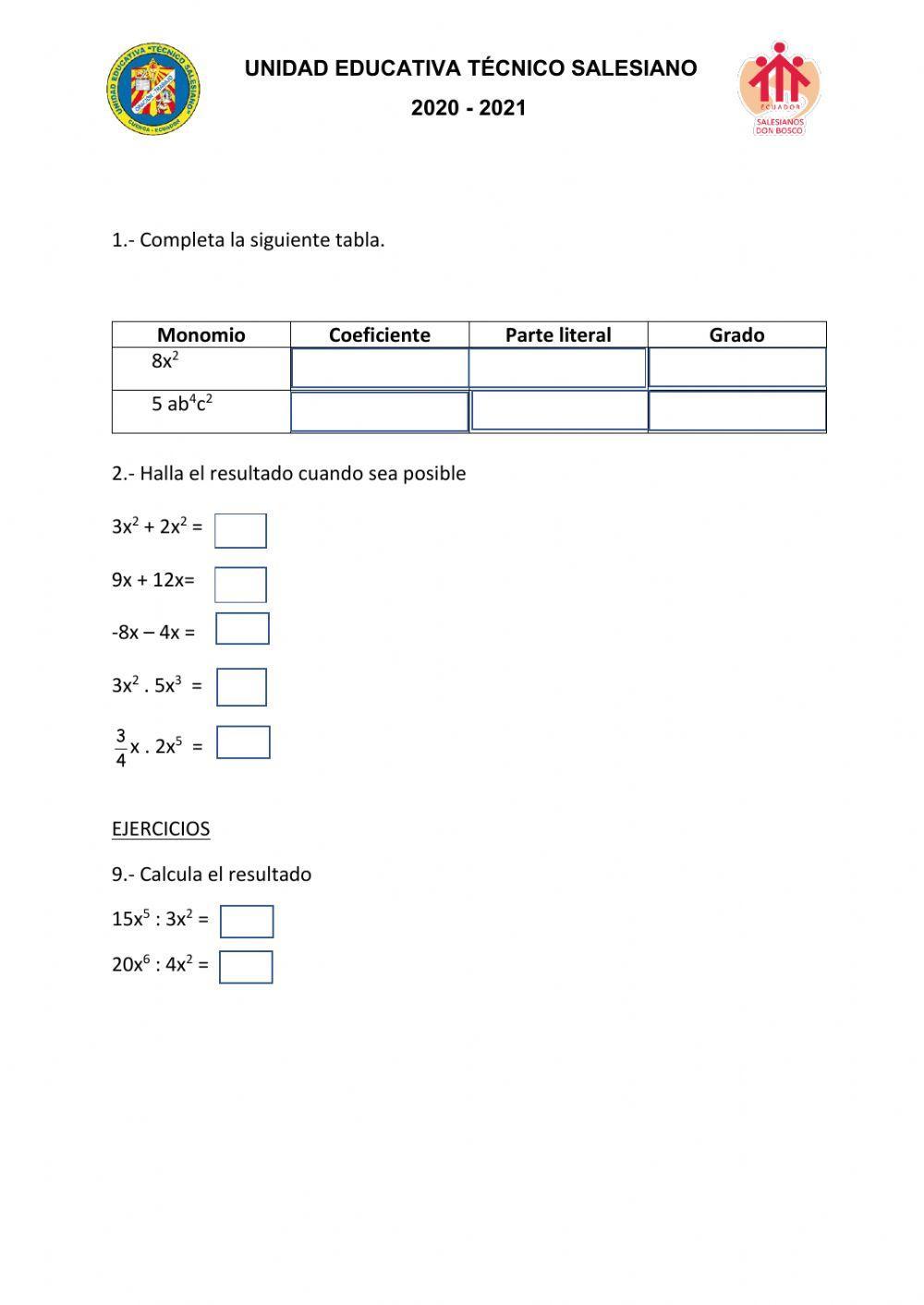 Operaciones con monomios