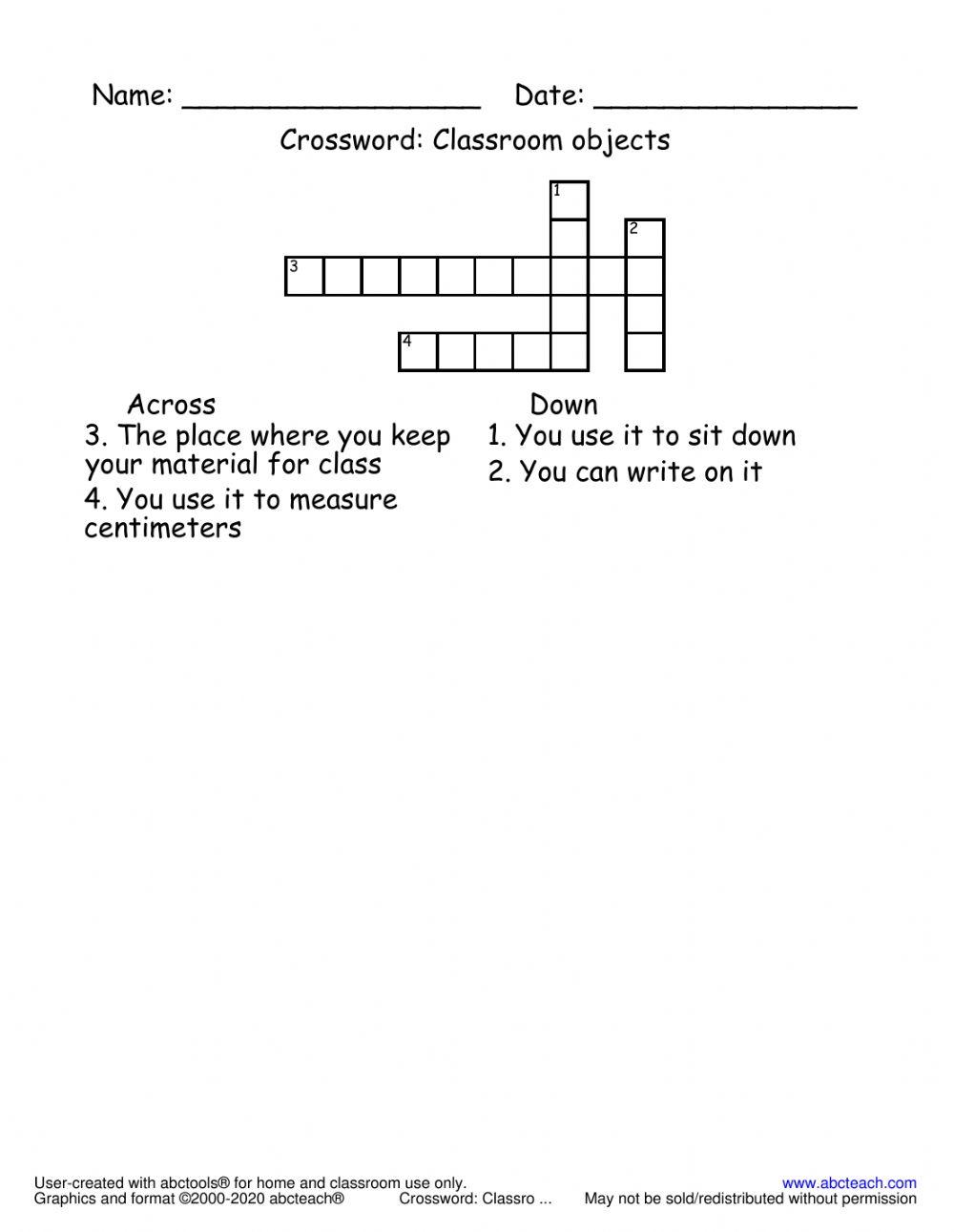 Crossword: Classroom objects