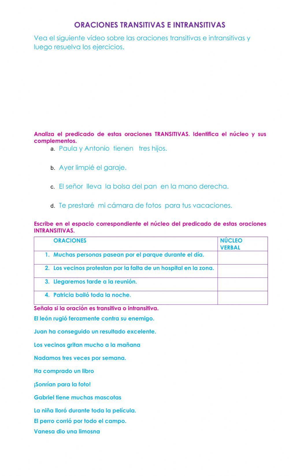 Oraciones transitivas e intransitivas