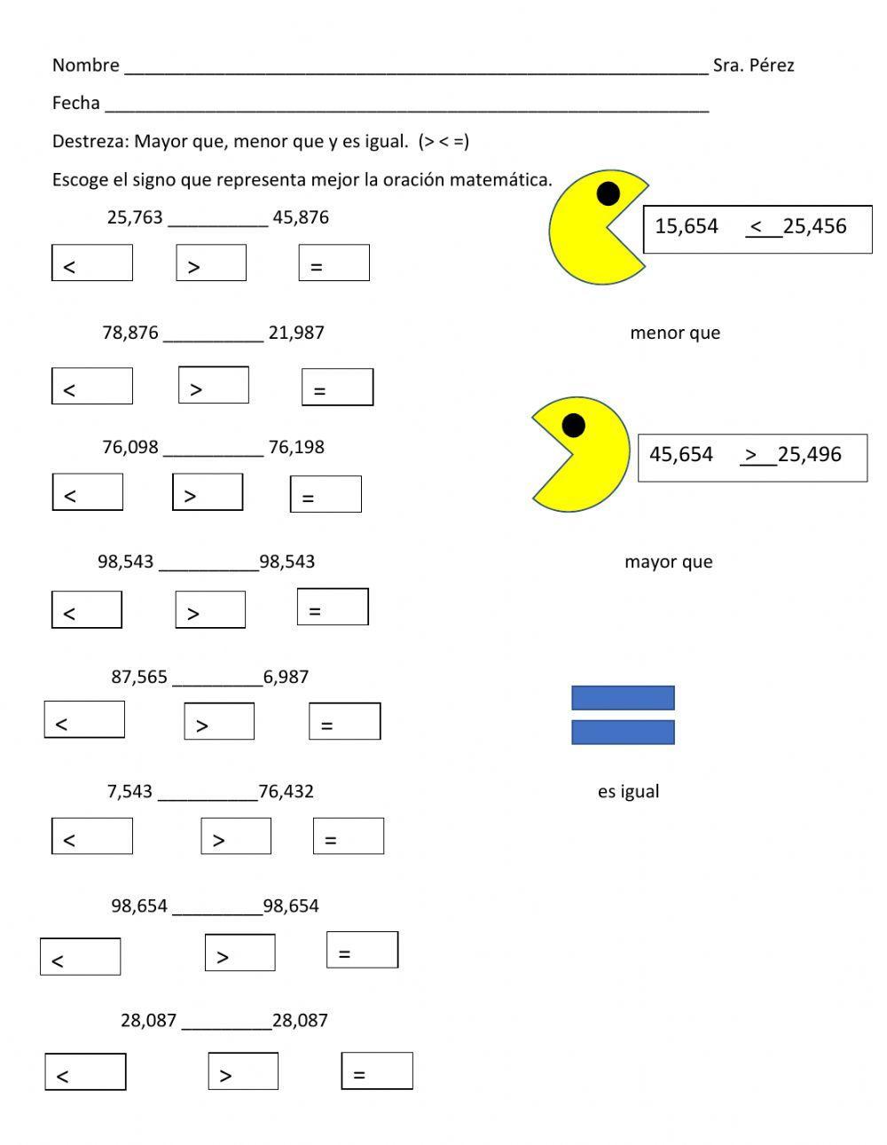 Mayor que, menor que y es igual con numerales de 5 y 6 dígitos