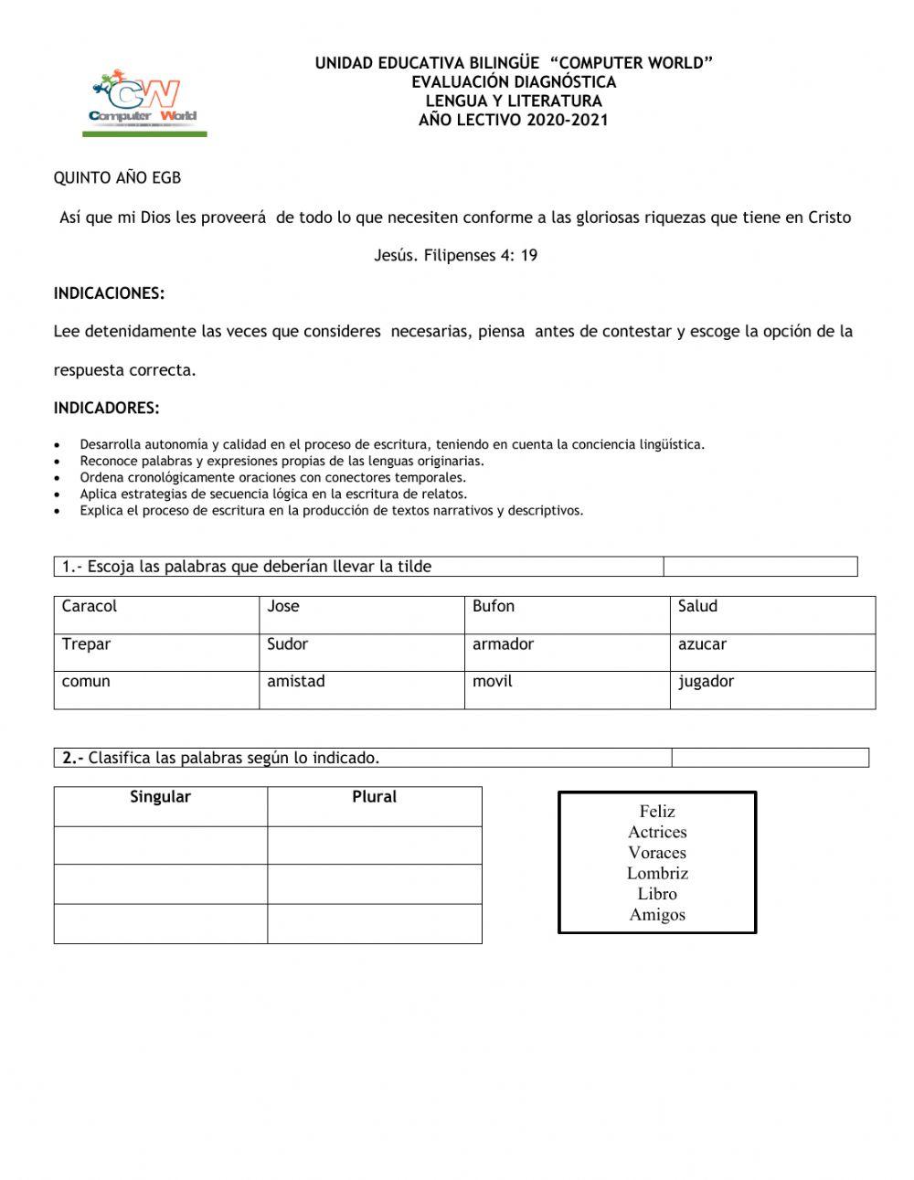 Evaluación diagnóstica Lengua y Literatura 5to EGB