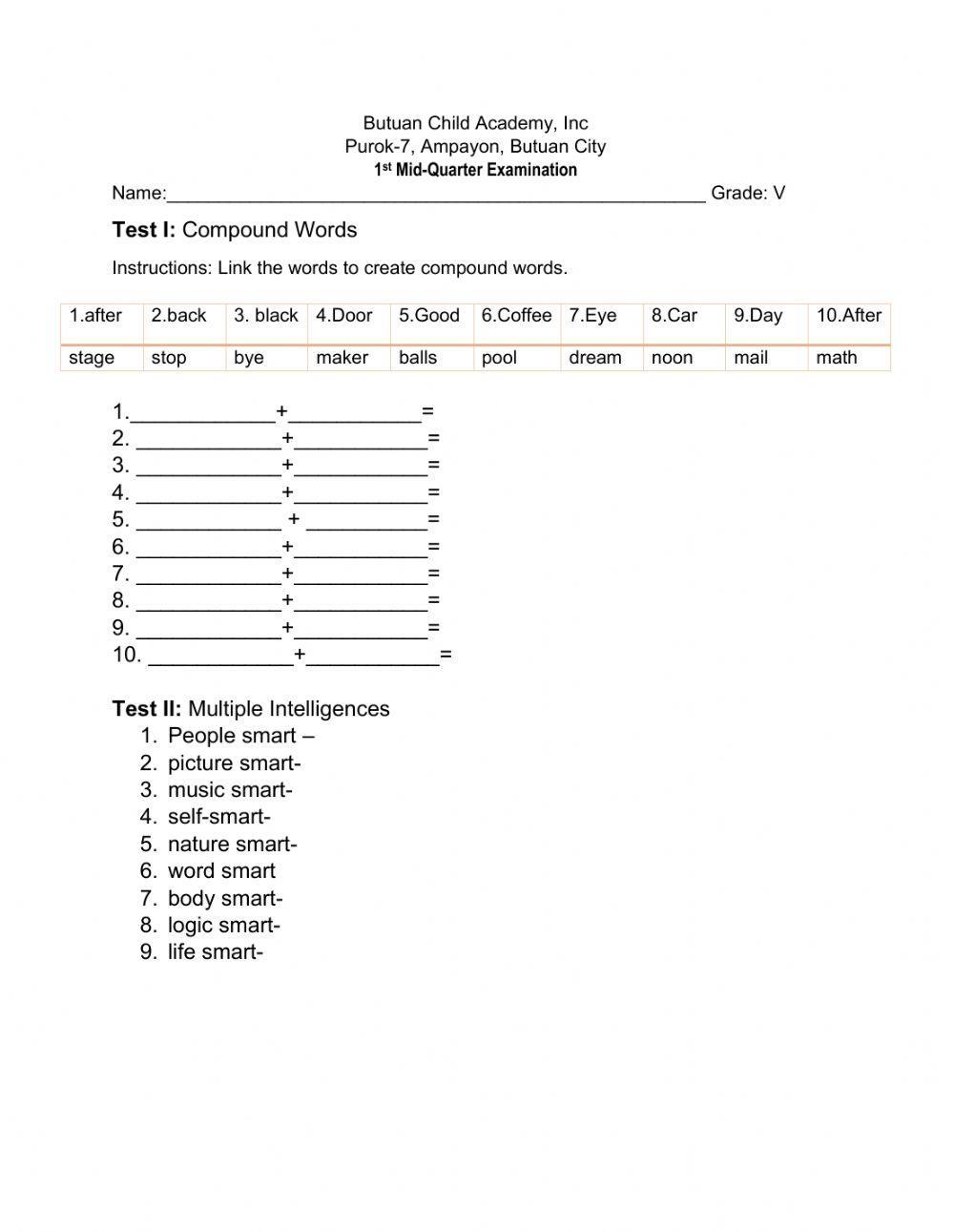 1st mid-quarter examination in english 5