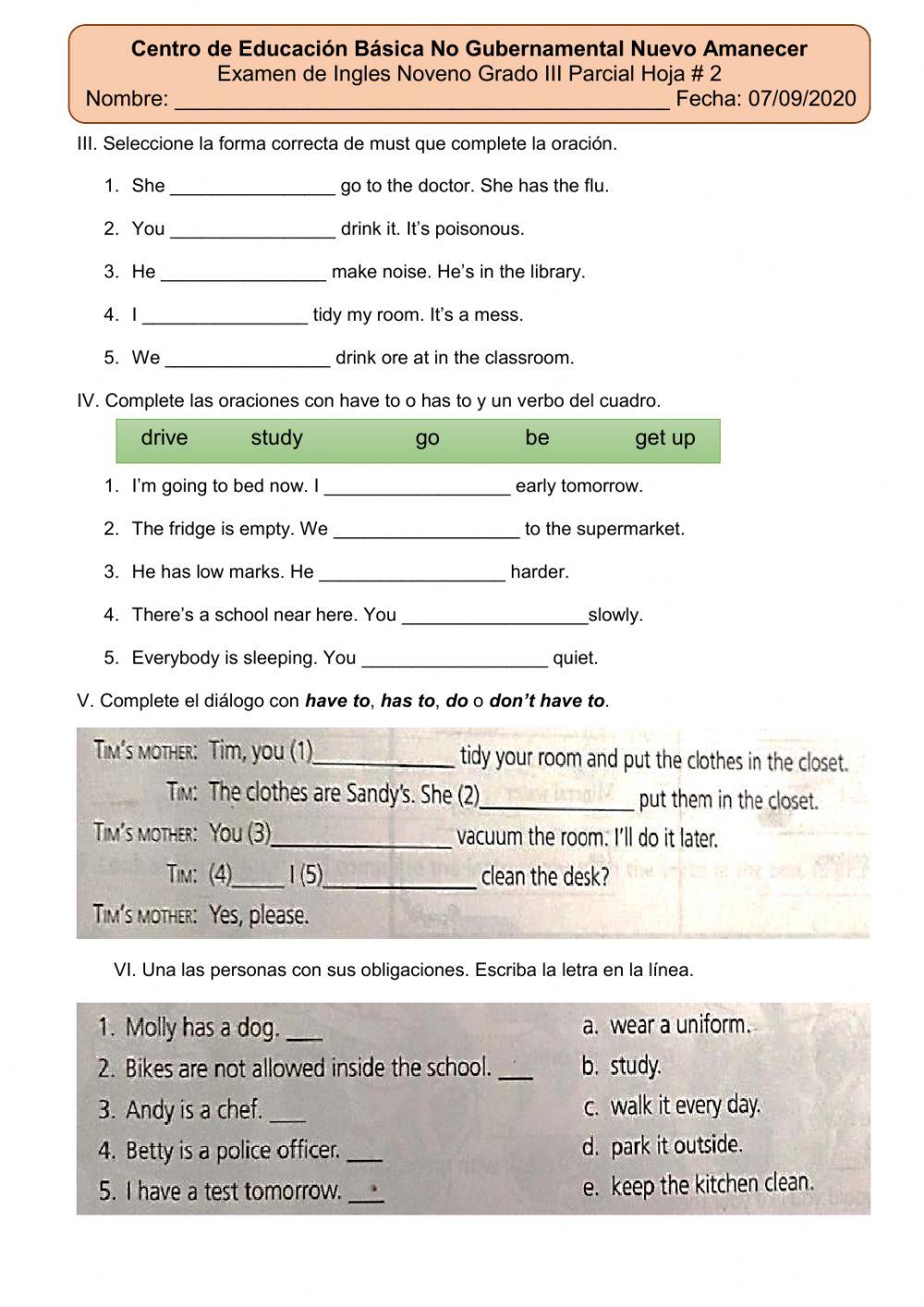 Examen ingles 9no III Parcial hoja 2