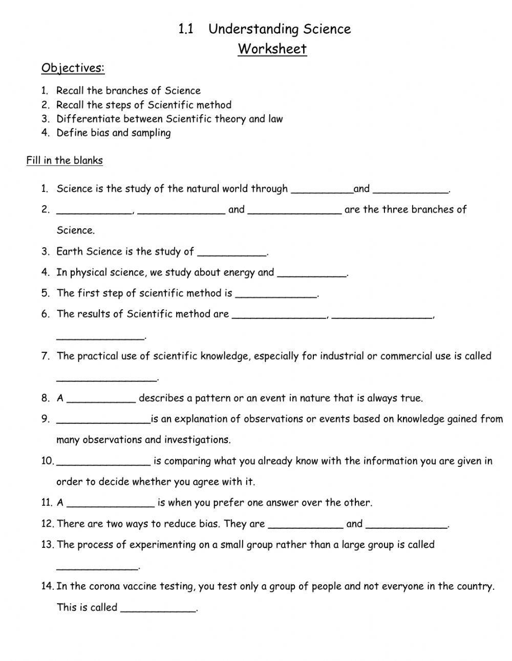 1.1 Understanding Science- Worksheet