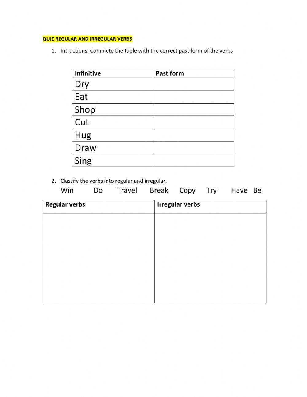 Quiz regular and irregular verbs