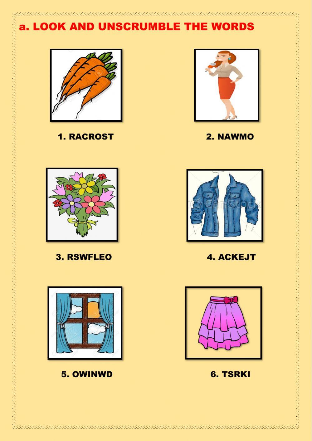 Look, unscrumble and complete.