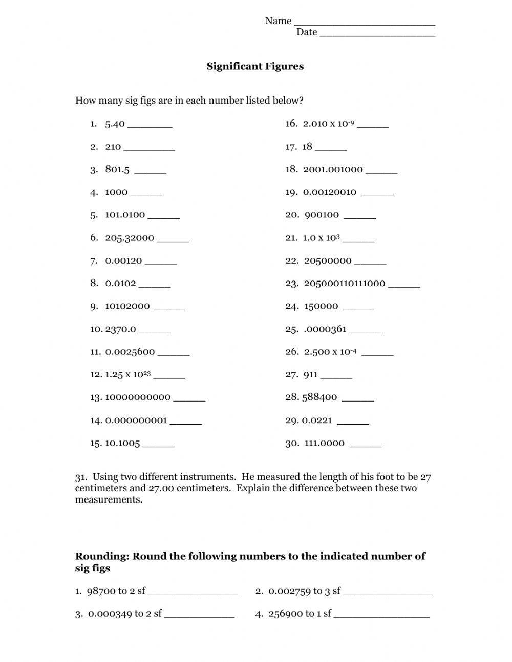 Significant Figures with Math Review