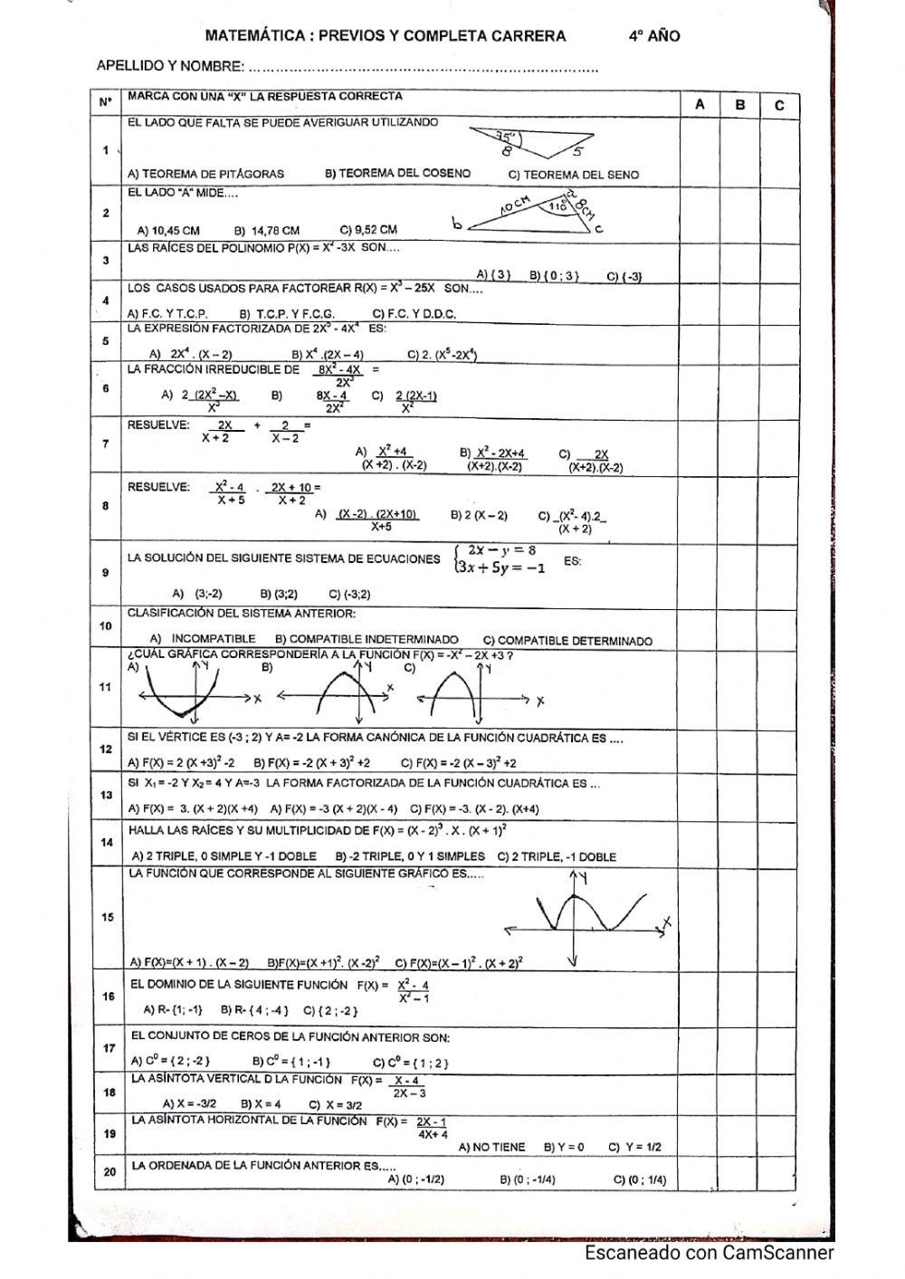 Examen Choice 4º1 previos Matemática