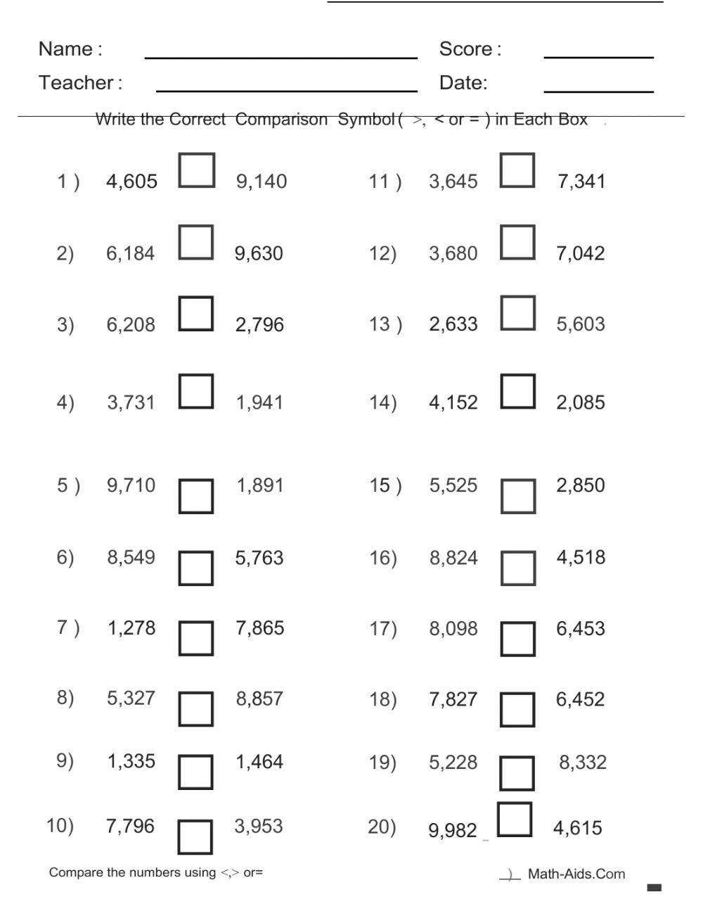 comparing 4 digit numbers online exercise for Live Worksheets