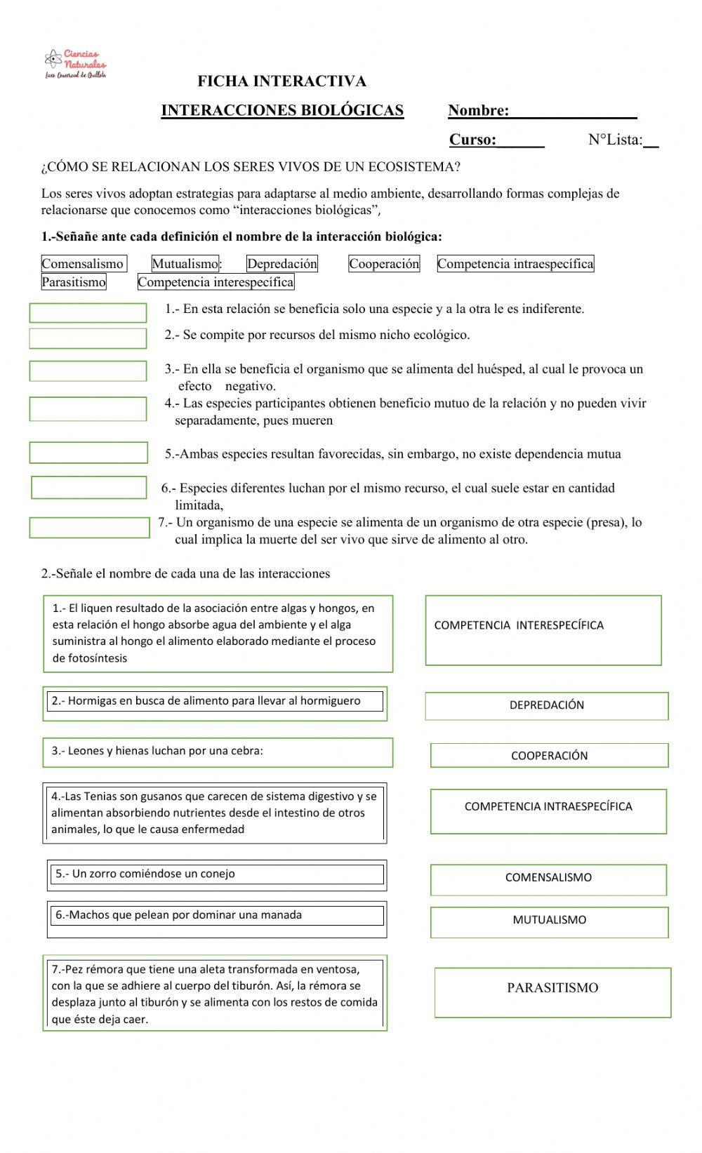 Interacciones biológicas que ocurren en el ecosistema