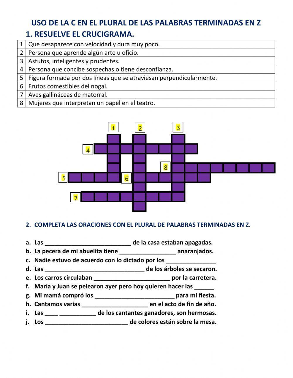 Crucigrama sobre el plural de las palabras terminadas en z