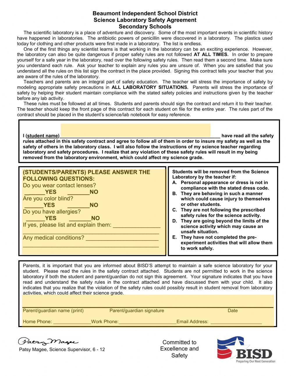 BmtISD Safety Contract worksheet Live Worksheets