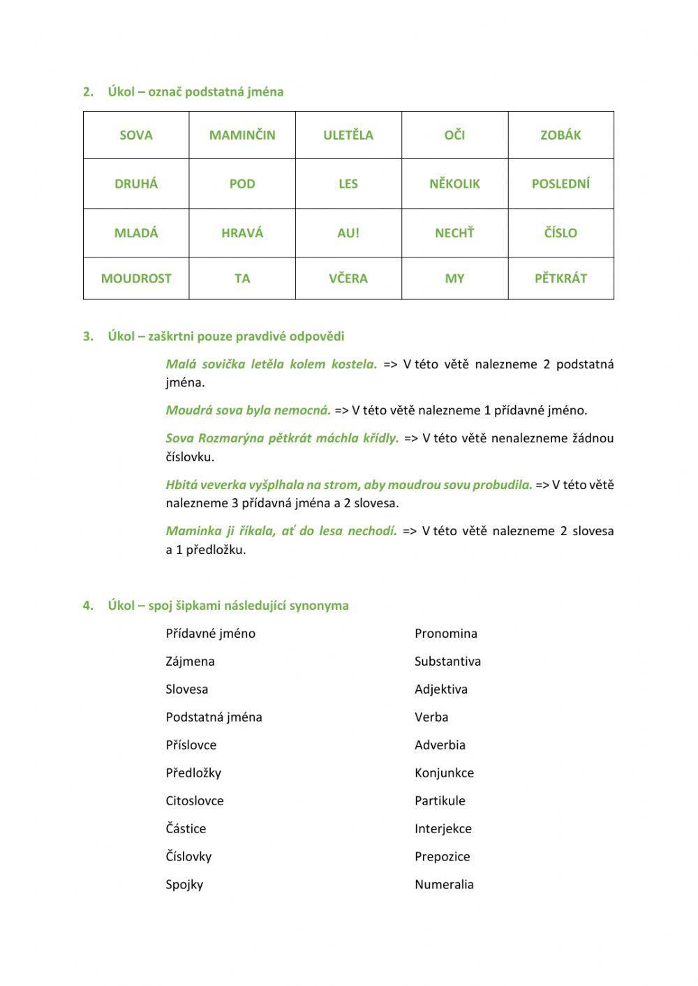 Pracovní list - Slovní druhy