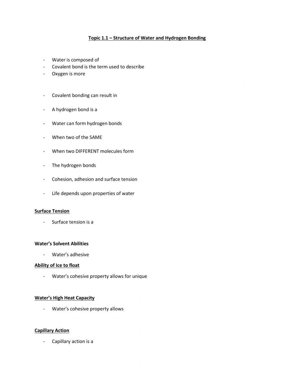 Topic 1.1 Structure of Water & Hydrogen