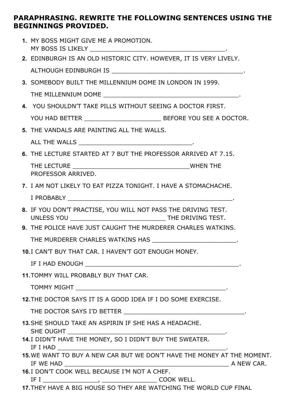 paraphrasing worksheets for grade 4