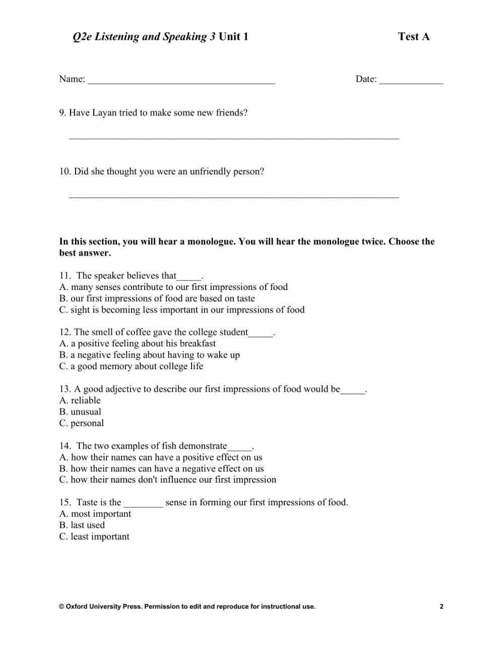 Q skills book 3 listening and speaking unit 1 test a