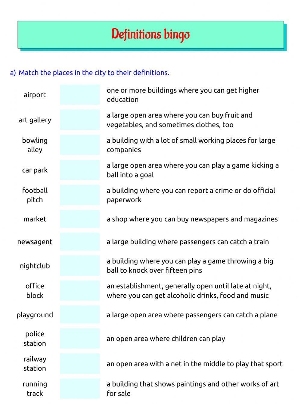 Game - Definitions bingo - Places in the city