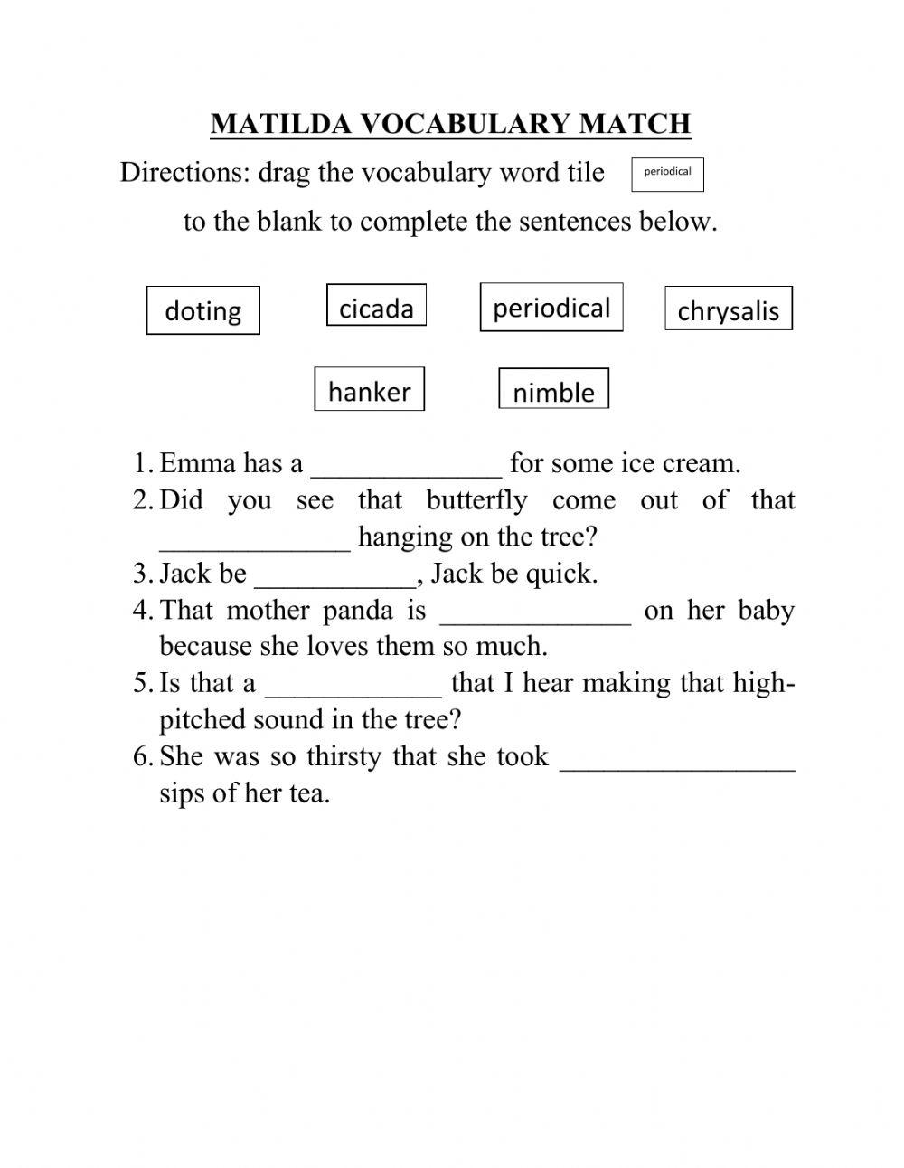 Matilda Chapters 1-7 Vocabulary Match