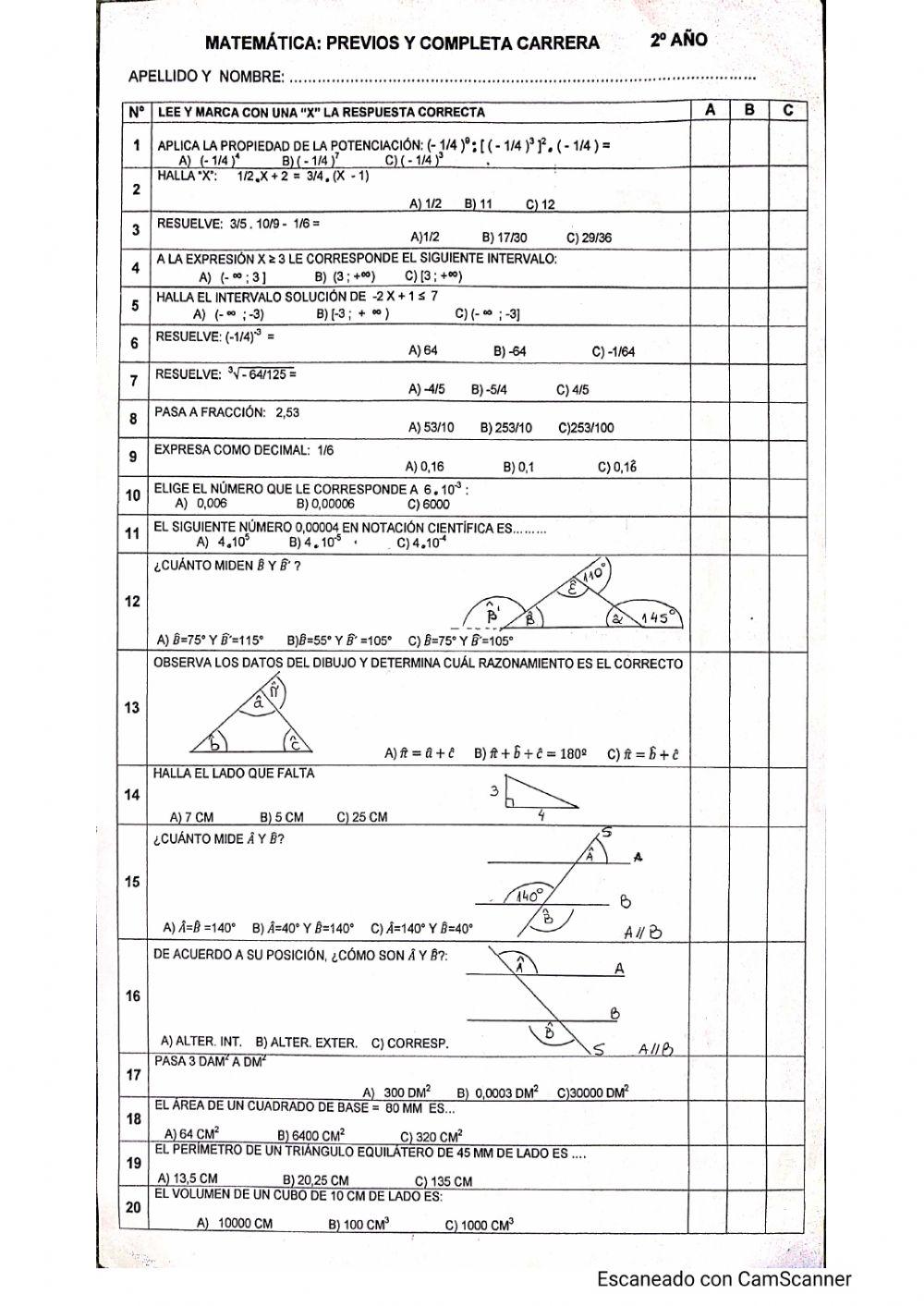 Examen choice previos 2º año matemática