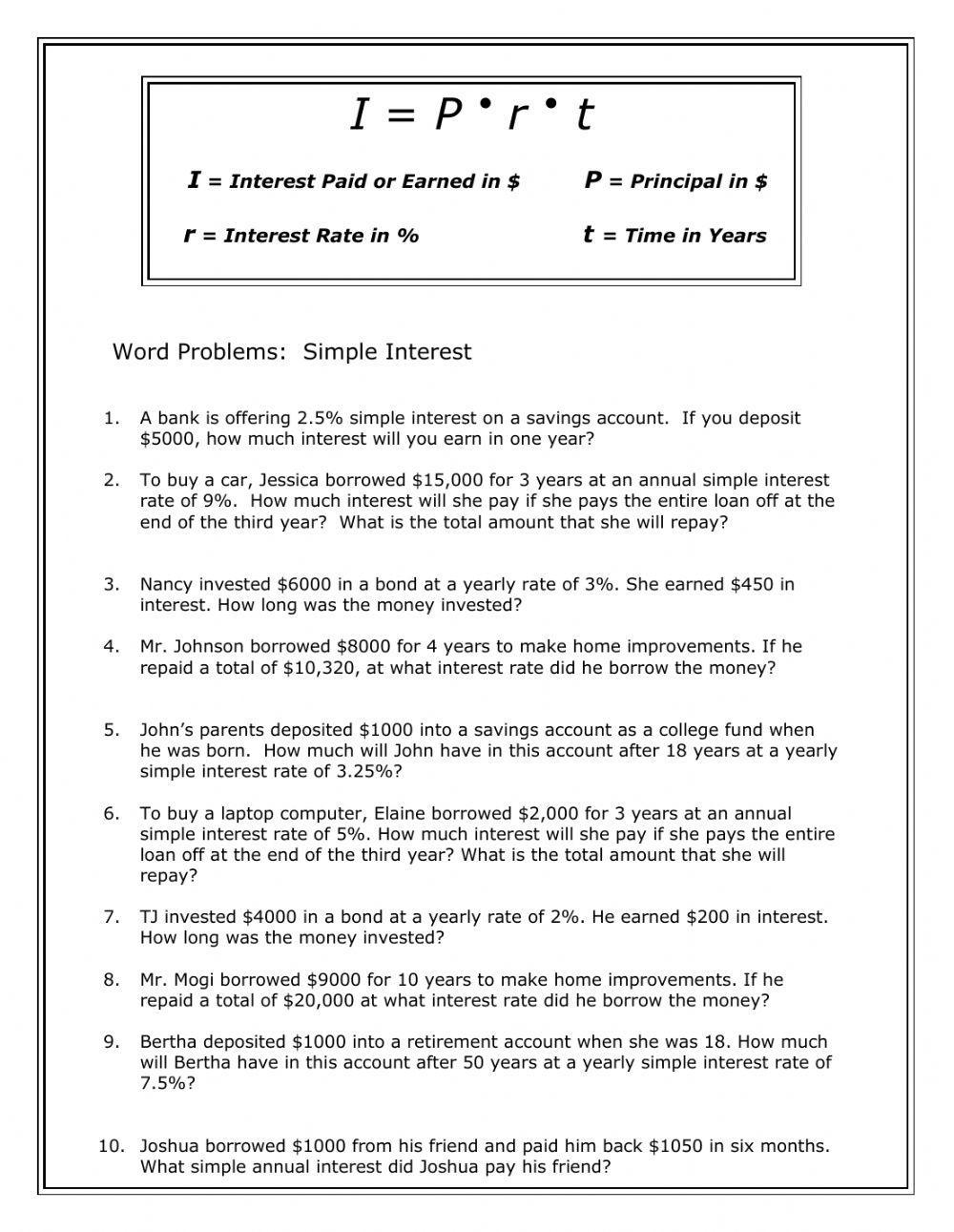 Simple interest worksheet | Live Worksheets simple-interest-worksheet-live-worksheets