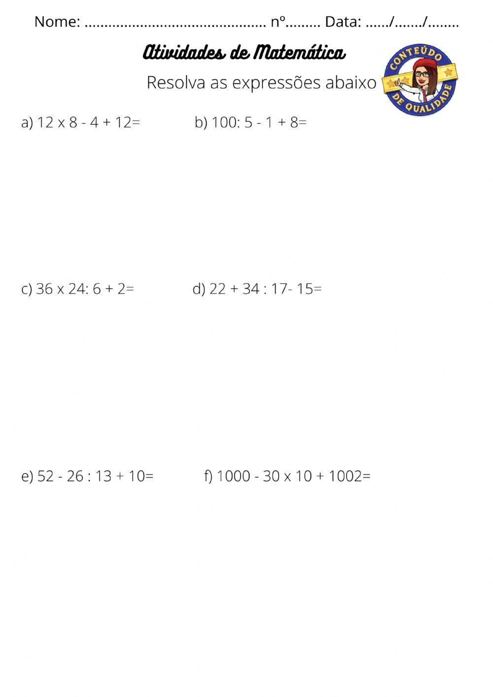 Expressoes numéricas? Ativ:  de casa