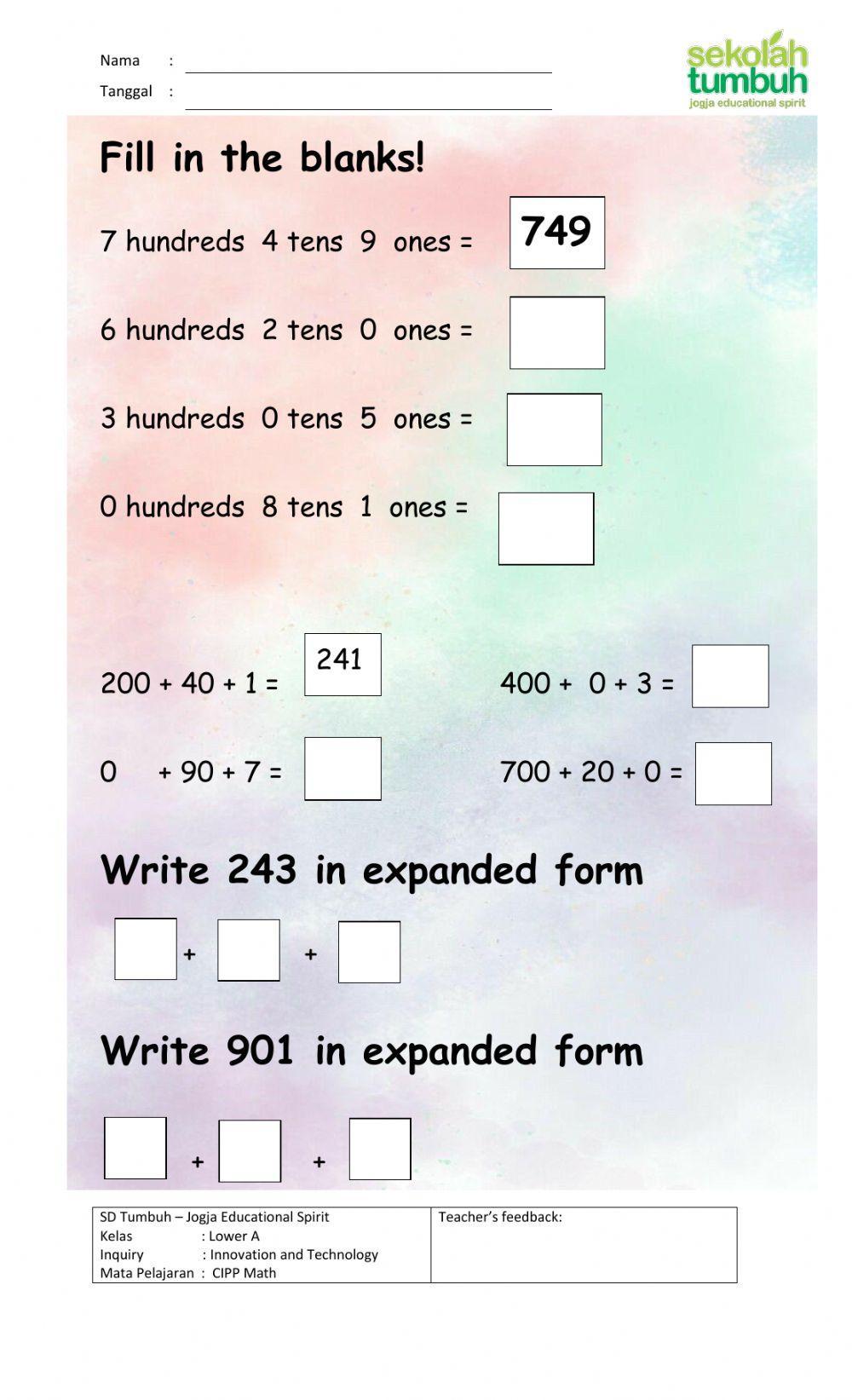 Place Value (Hundreds, Tens, Ones)