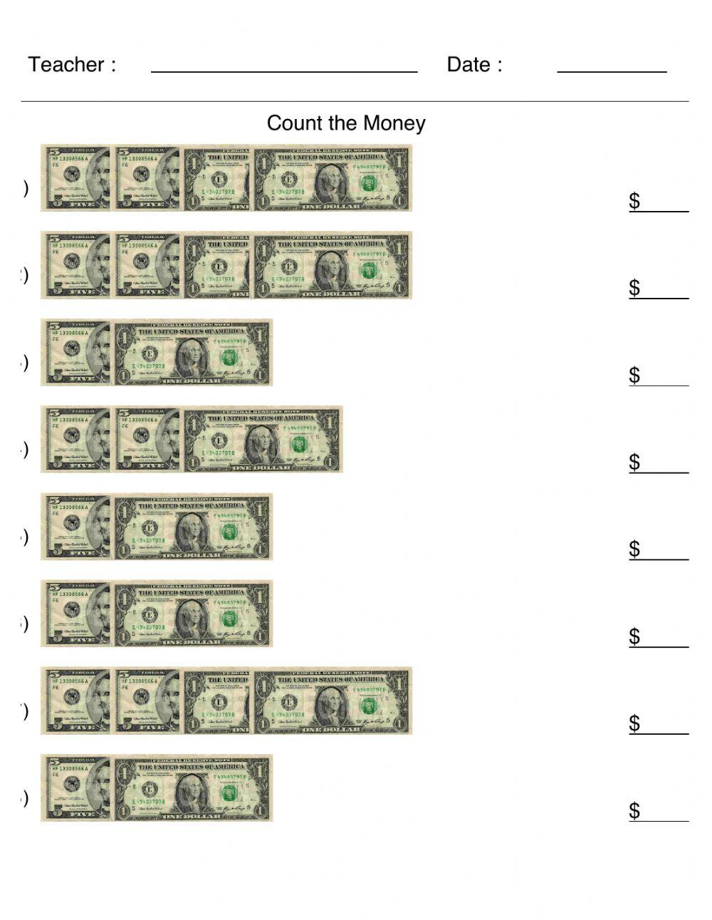 Counting 1 and 5 Bills (Fully Supported) online exercise for Live