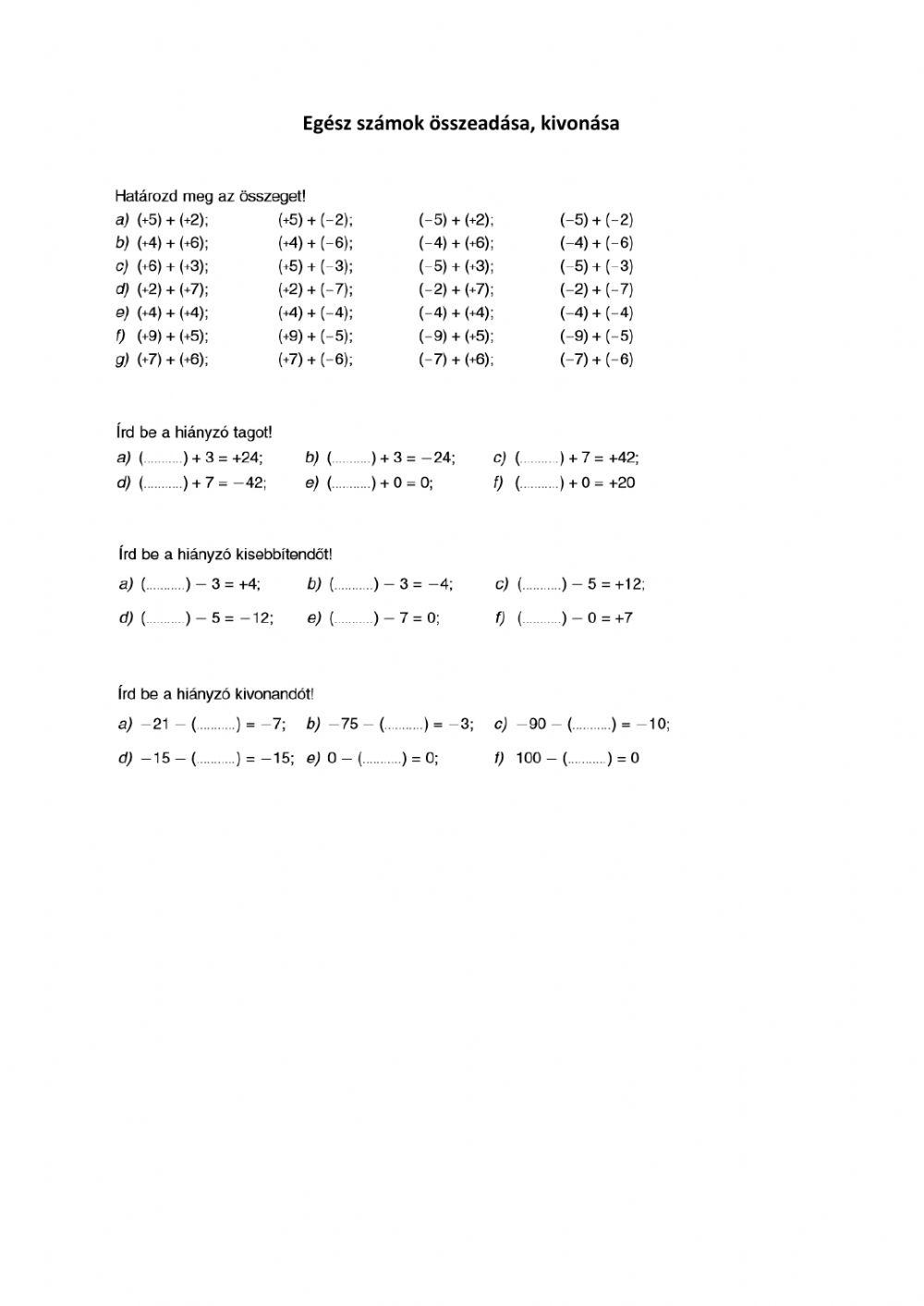 Egész számok összeadása, kivonása