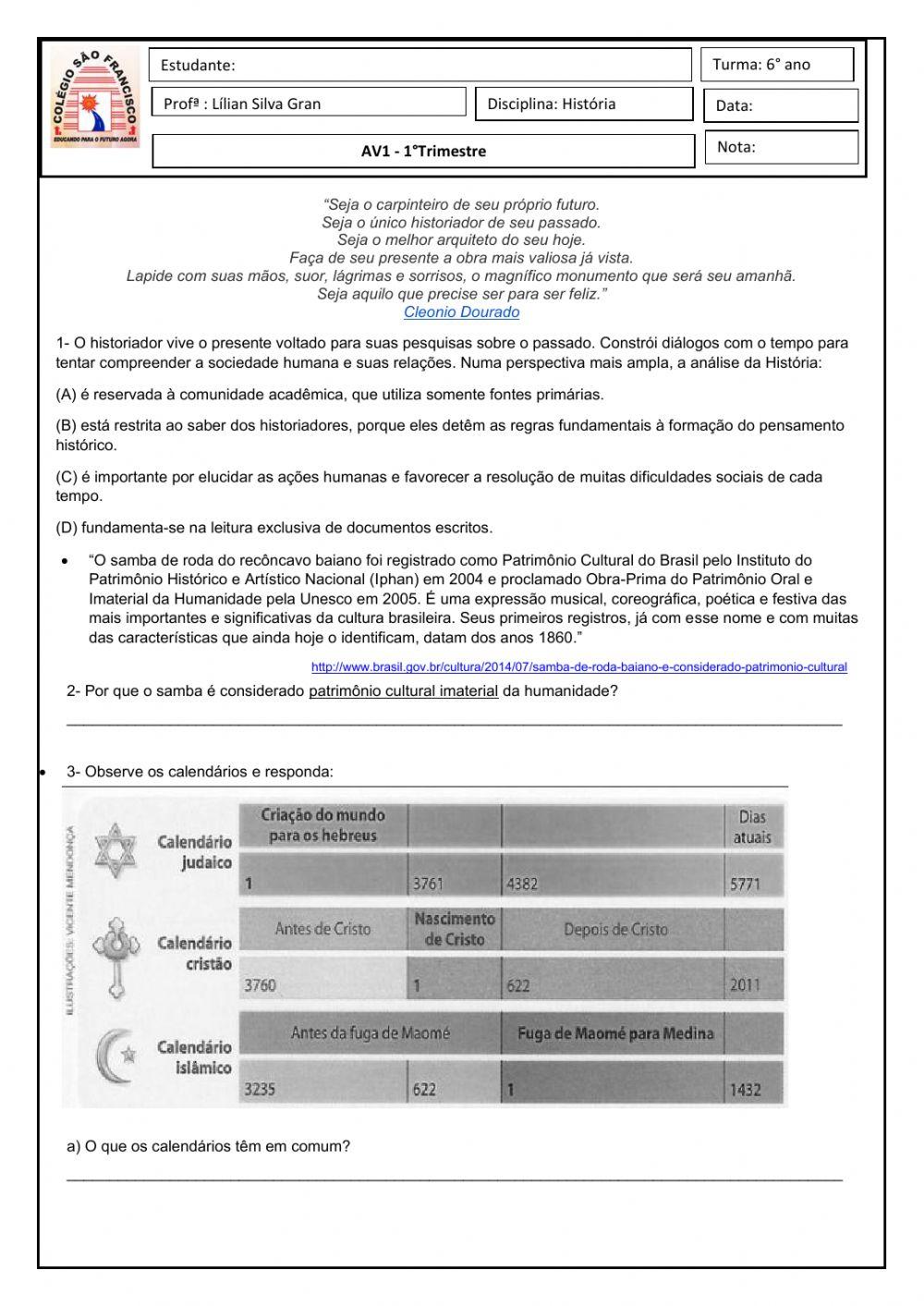 Folhinha interativa 6º ano teste1