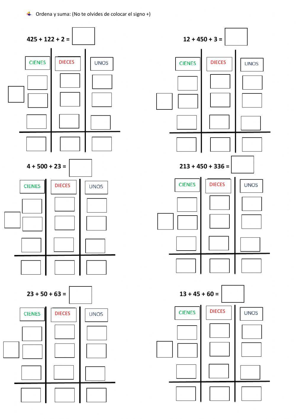 Sumas paradas sin dificultad de tres sumandos