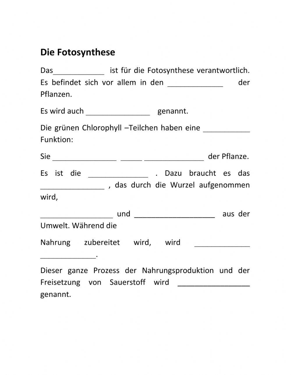 Fotosynthese Und Zellatmung Arbeitsblatt Lösungen Die Fotosynthese worksheet | Live Worksheets