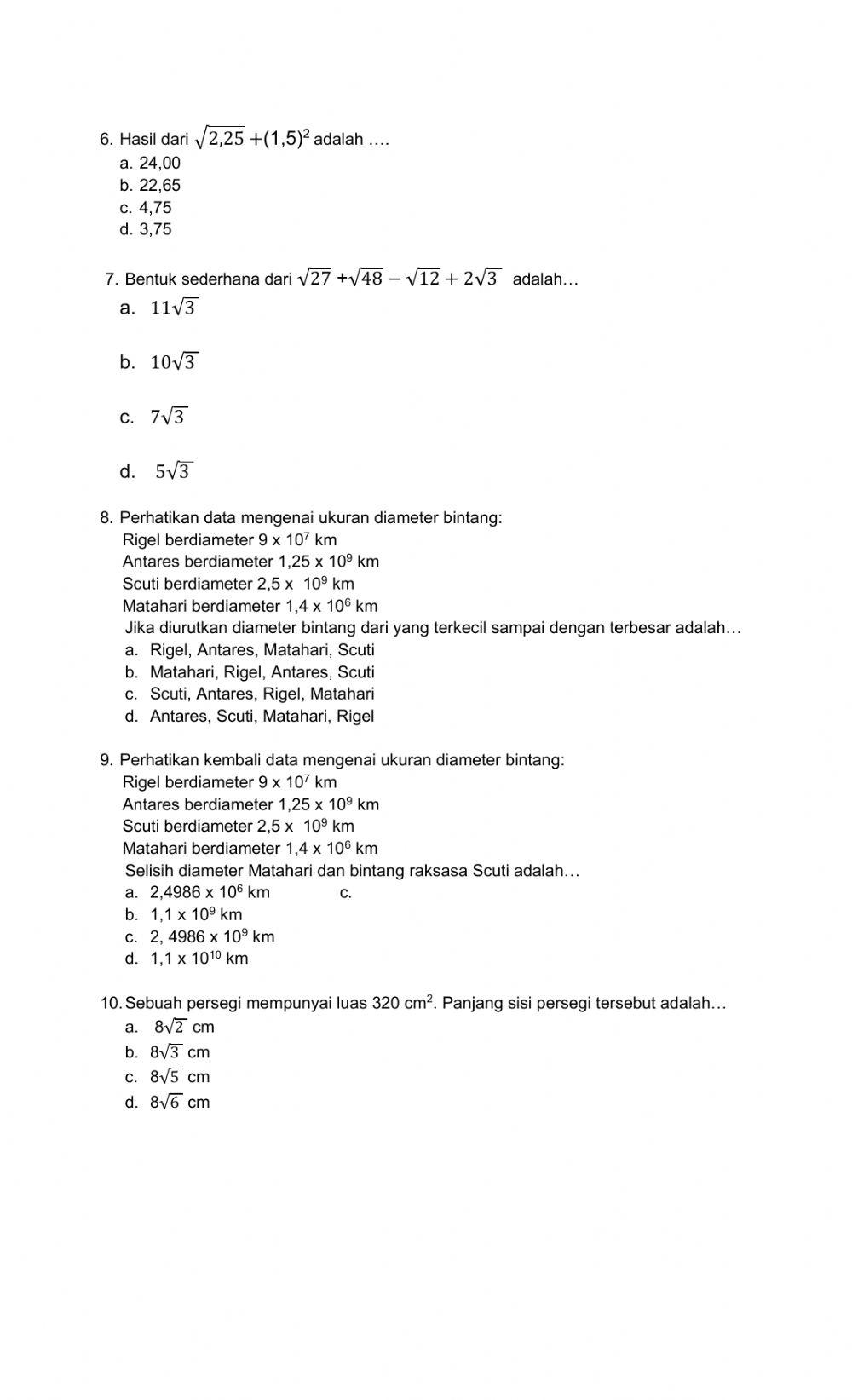 Penilaian perpangkatan dan bentuk akar