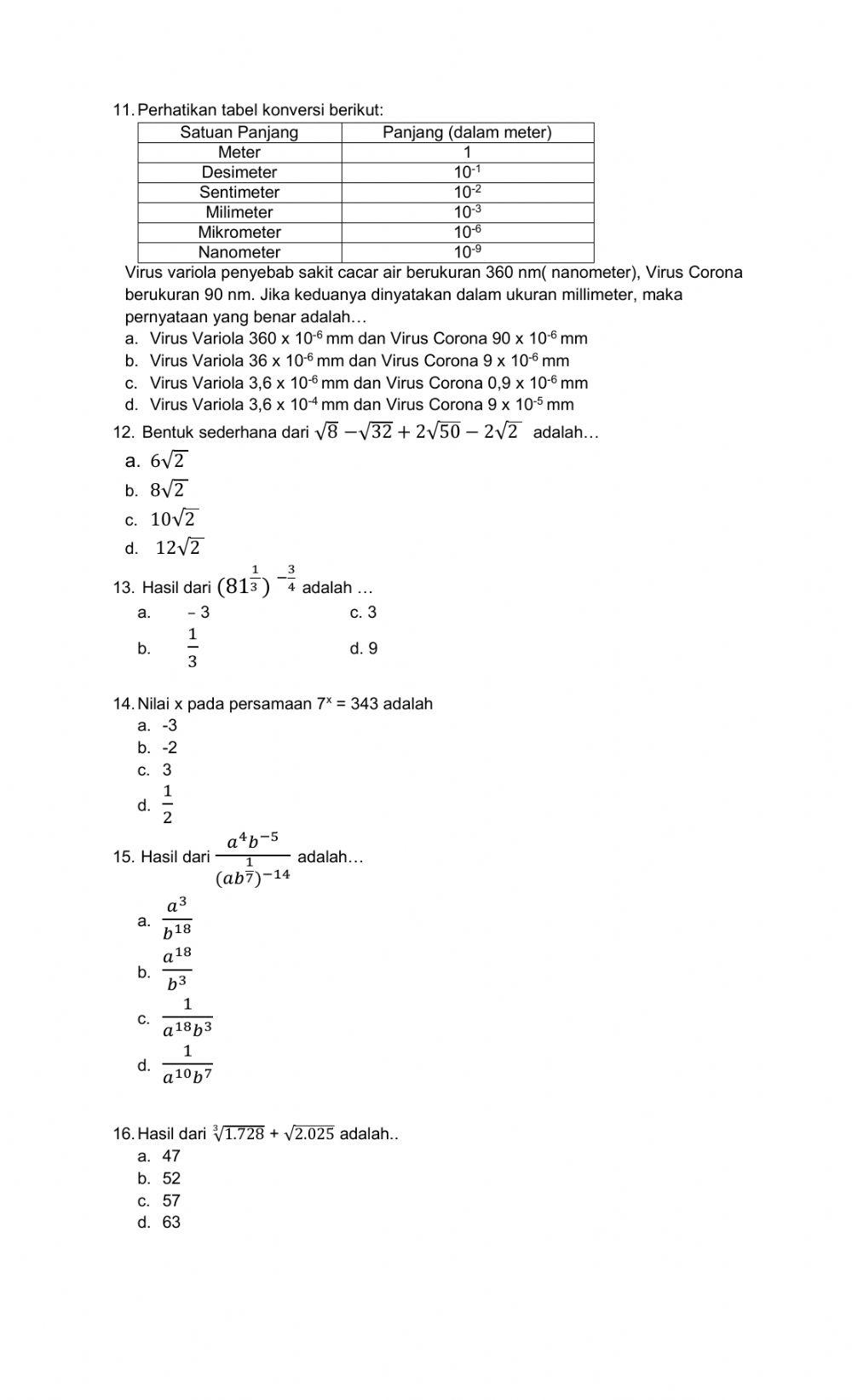 Penilaian perpangkatan dan bentuk akar