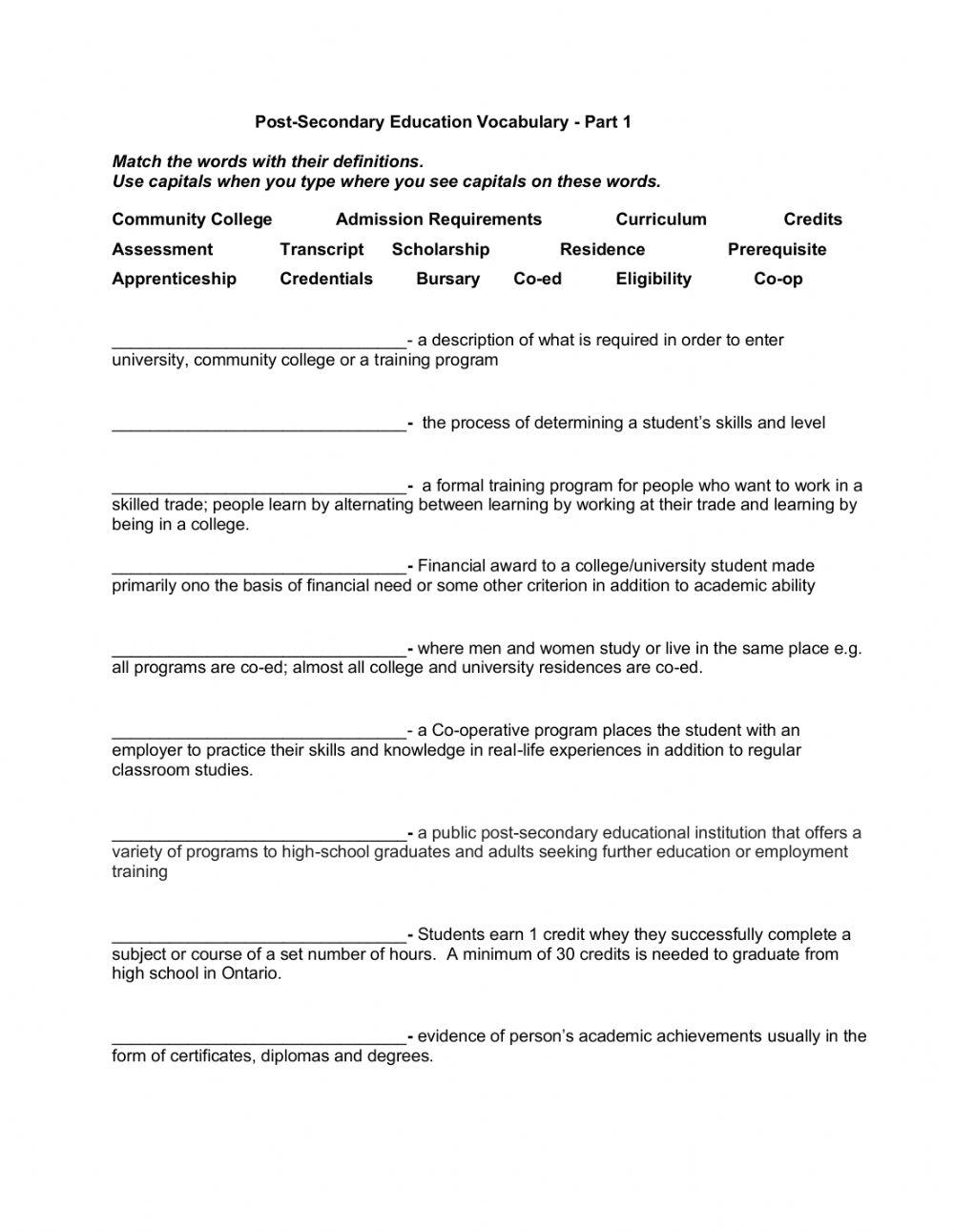 Post-Secondary Vocabulary Part 1