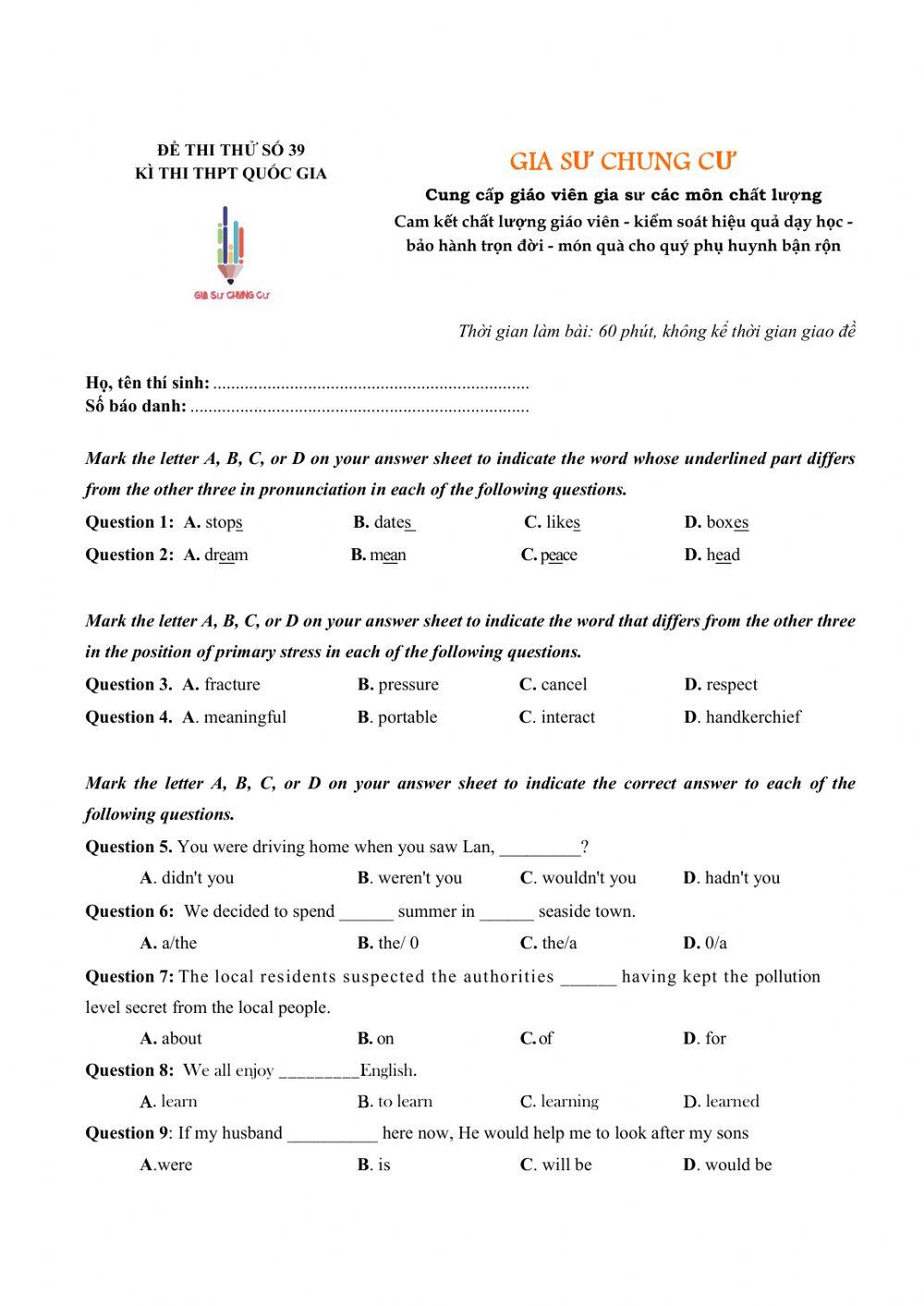 Đề thi thử Tiếng Anh THPT Quốc gia số 39